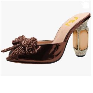 FSJ Brown Luxury Crystal Chunky Heeled Mule Rhinestone Bow Peep Toe Slip On Shoe